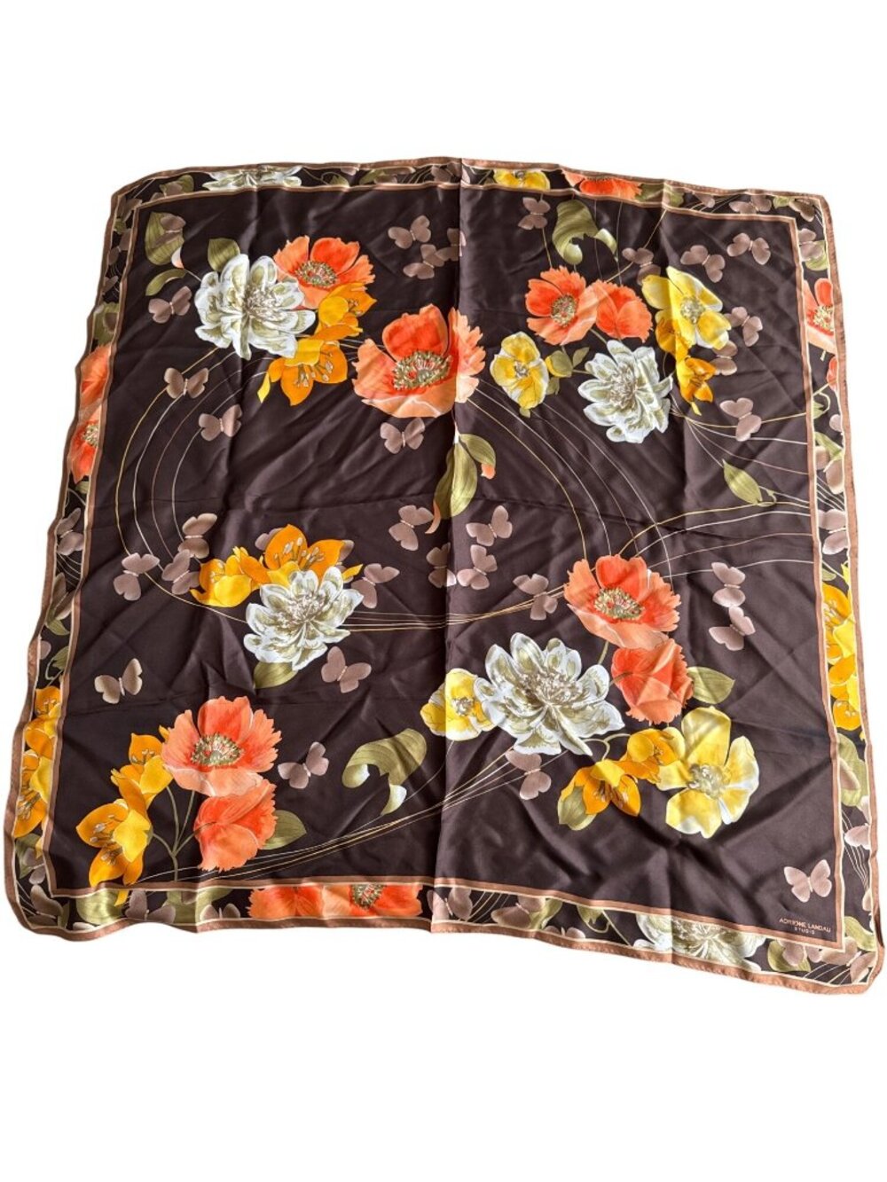 Floral Butterfly Orange Brown Vibrant Square 100% Silk Fall Fashion